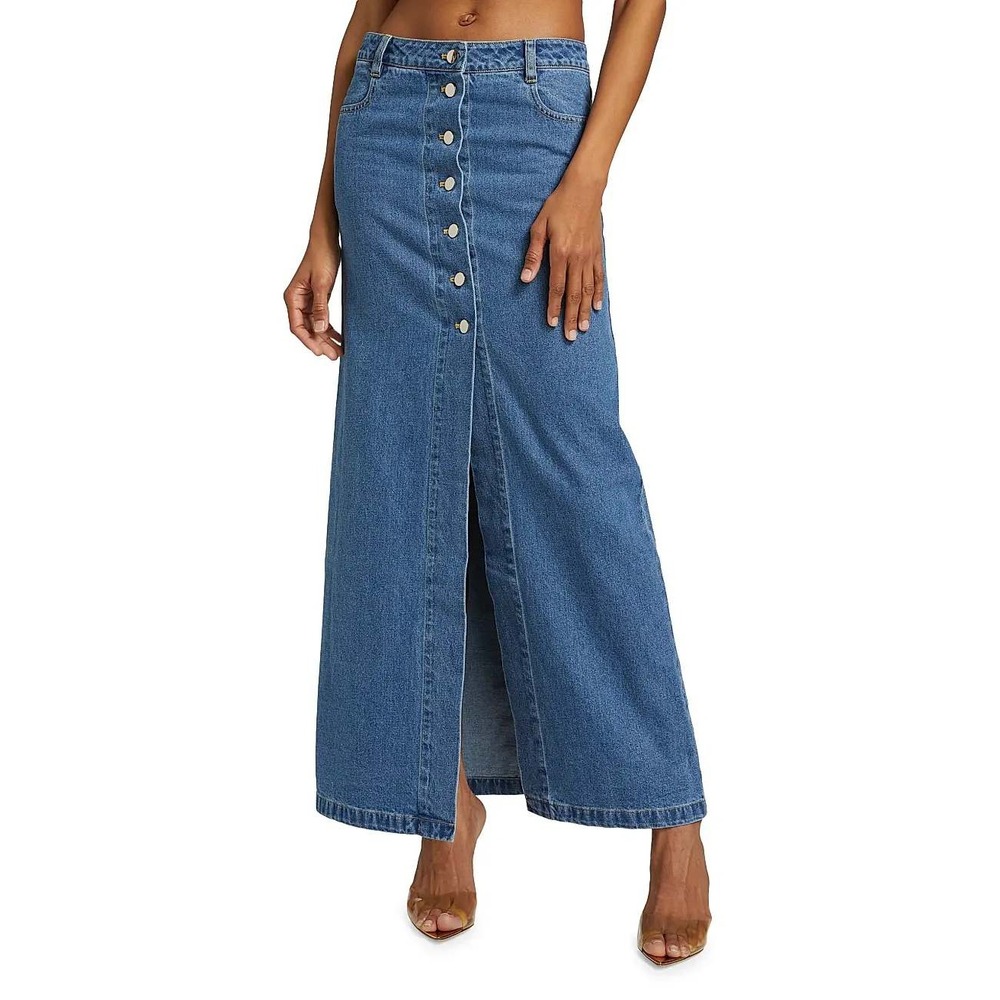 RONNY KOBO Makena Denim Maxi Skirt Womens Large Blue Denim Button Front Slit NWT